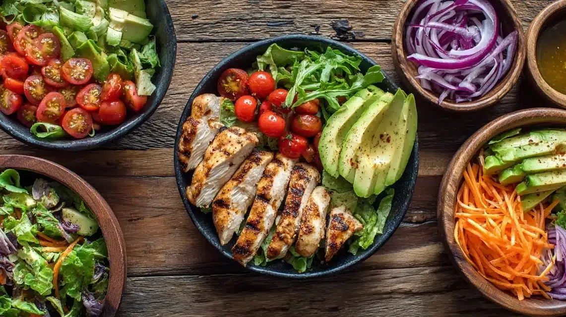  Ingredients for chicken tender salad with fresh vegetables and tenders