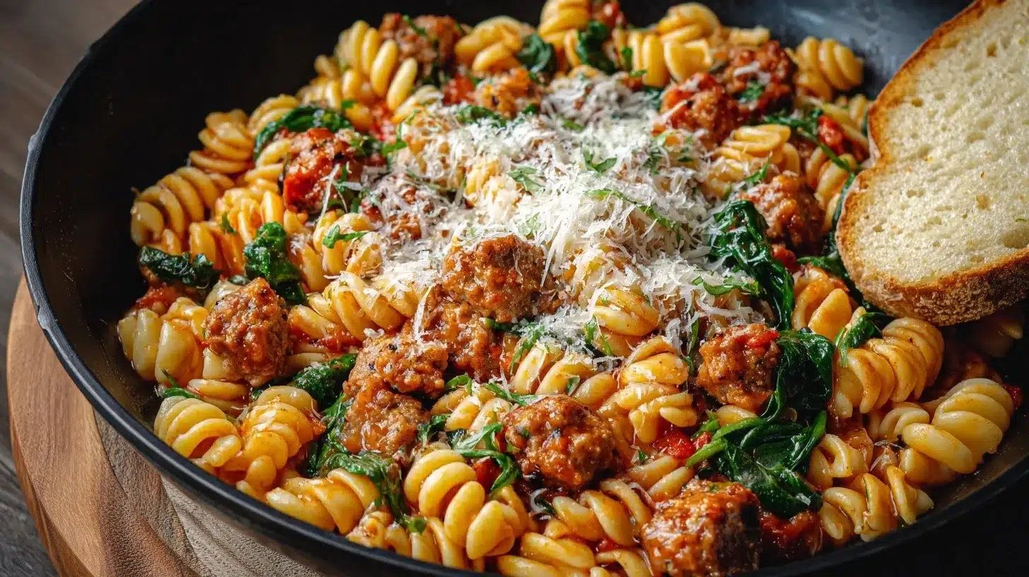 Chicken sausage pasta with parmesan on top