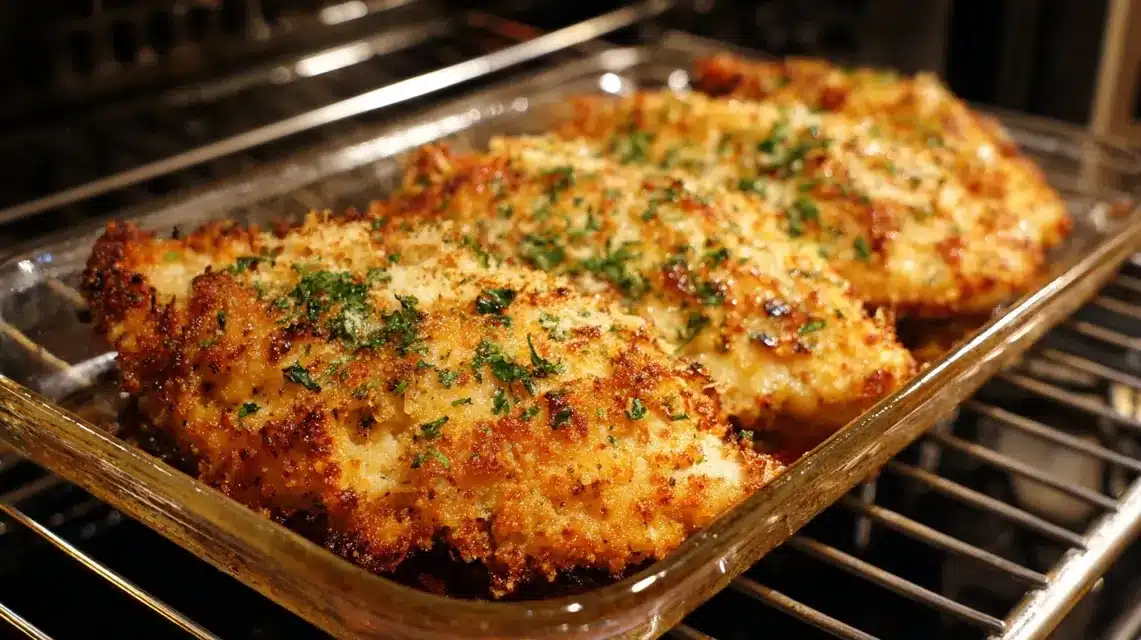 hellmann’s parmesan crusted chicken served on a rustic plate