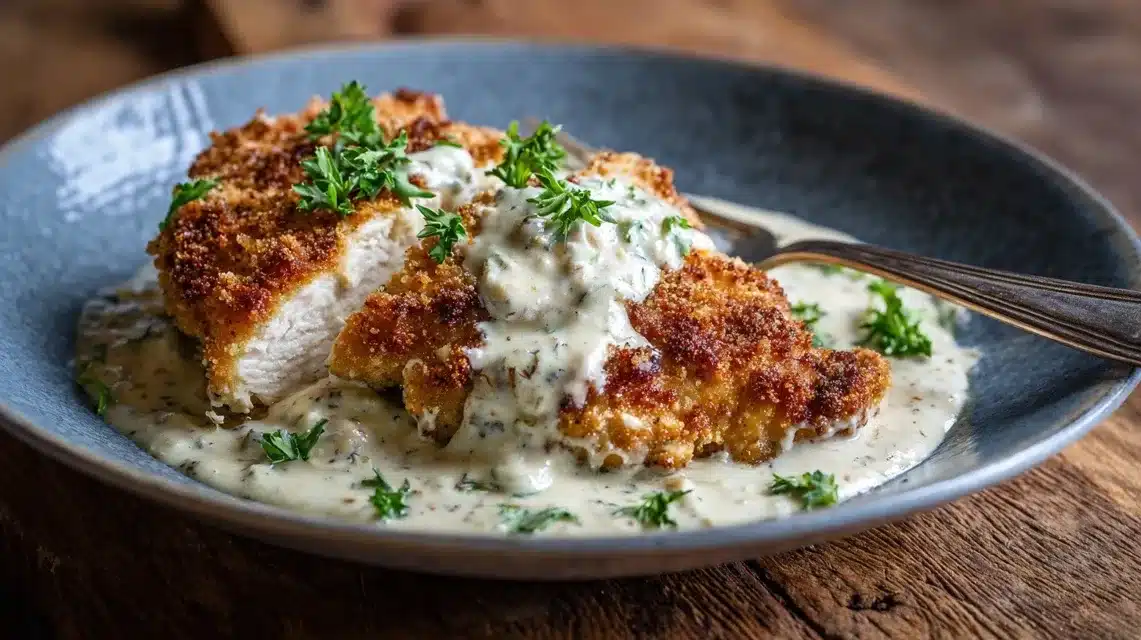 Parmesan crusted chicken with creamy garlic sauce plated