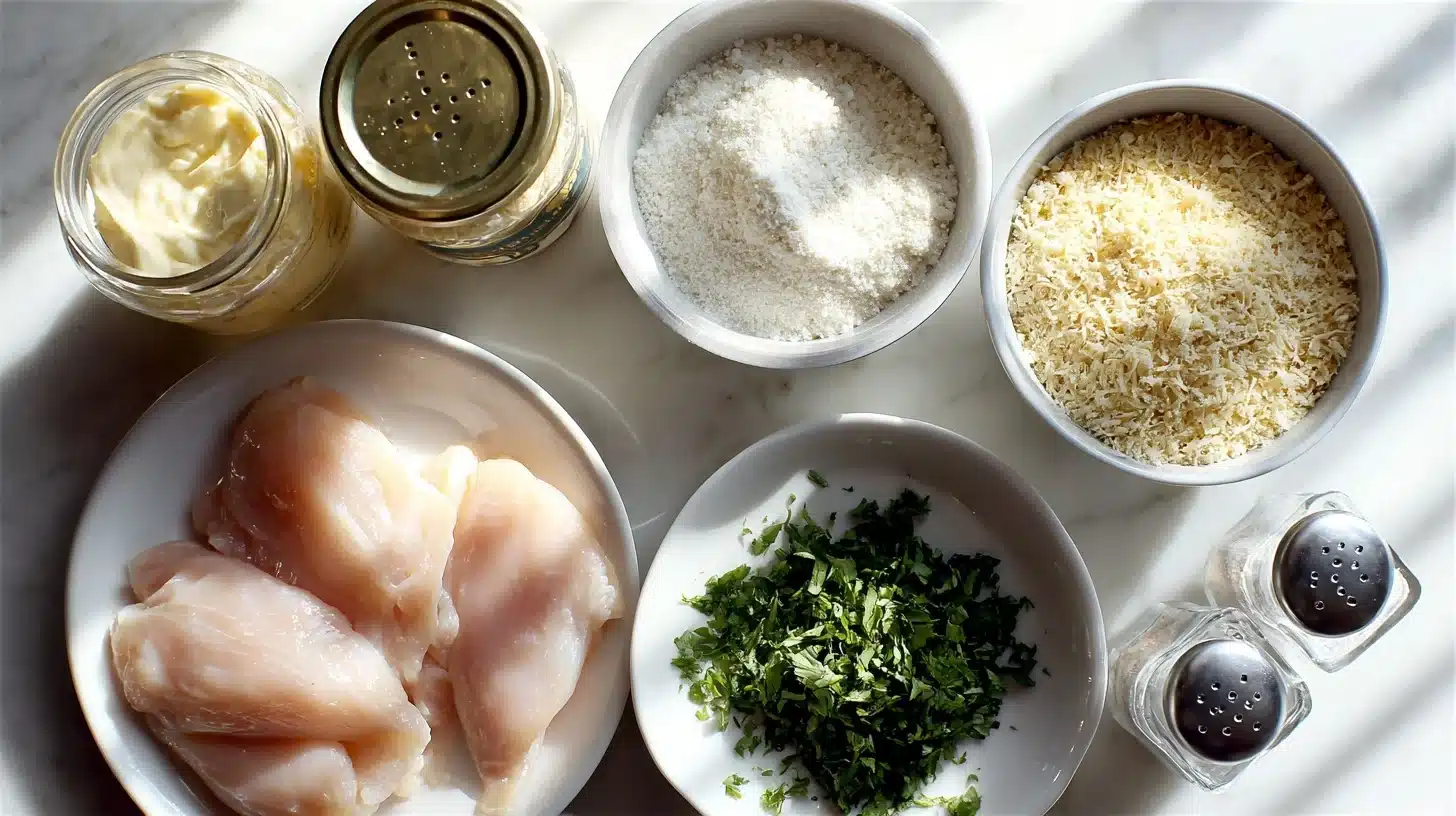 Parmesan crusted chicken recipe Hellmann's ingredients laid out on counter