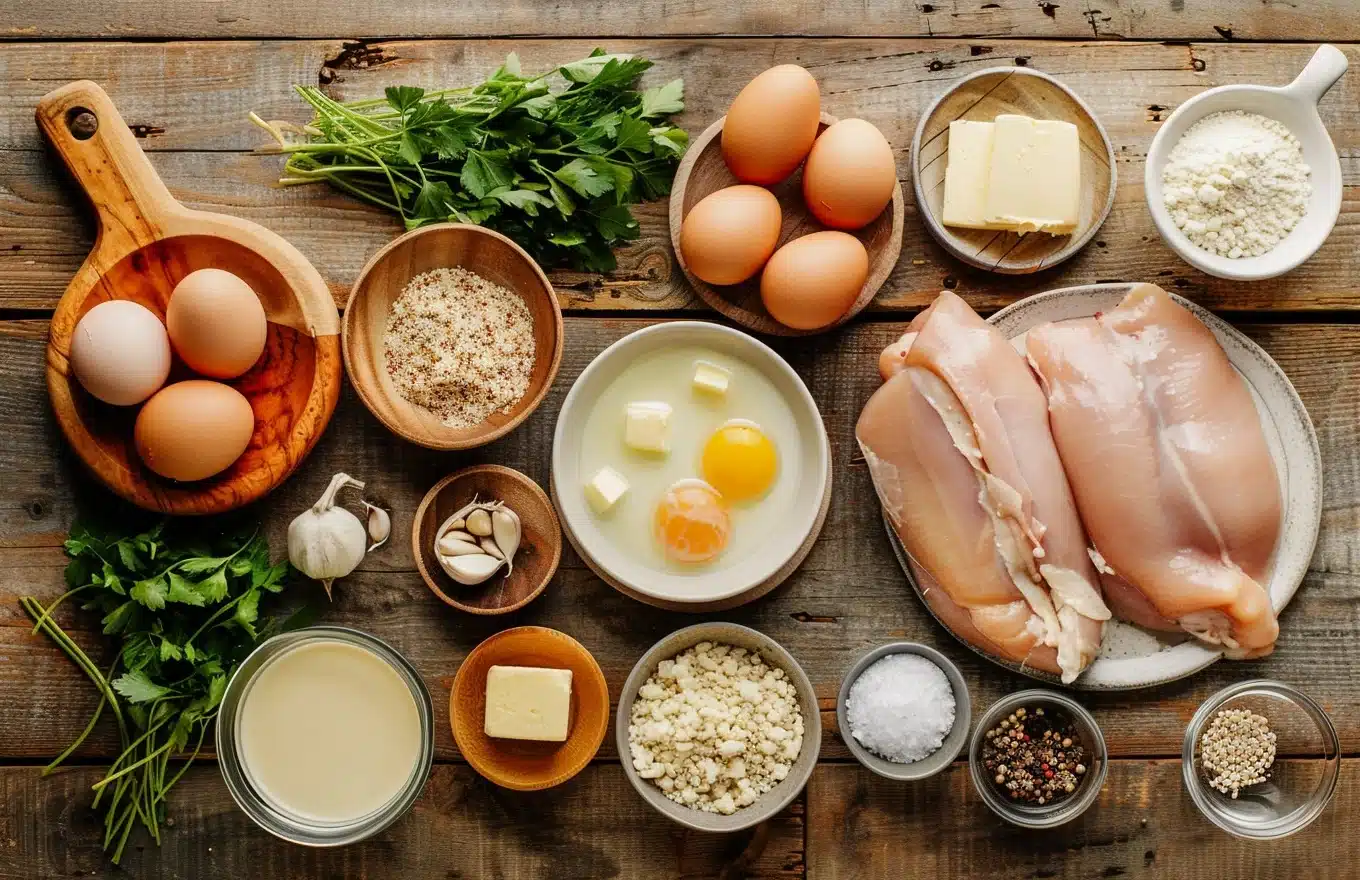Flatlay of ingredients including chicken breasts, parmesan, breadcrumbs, garlic, milk, and spices for creamy garlic chicken