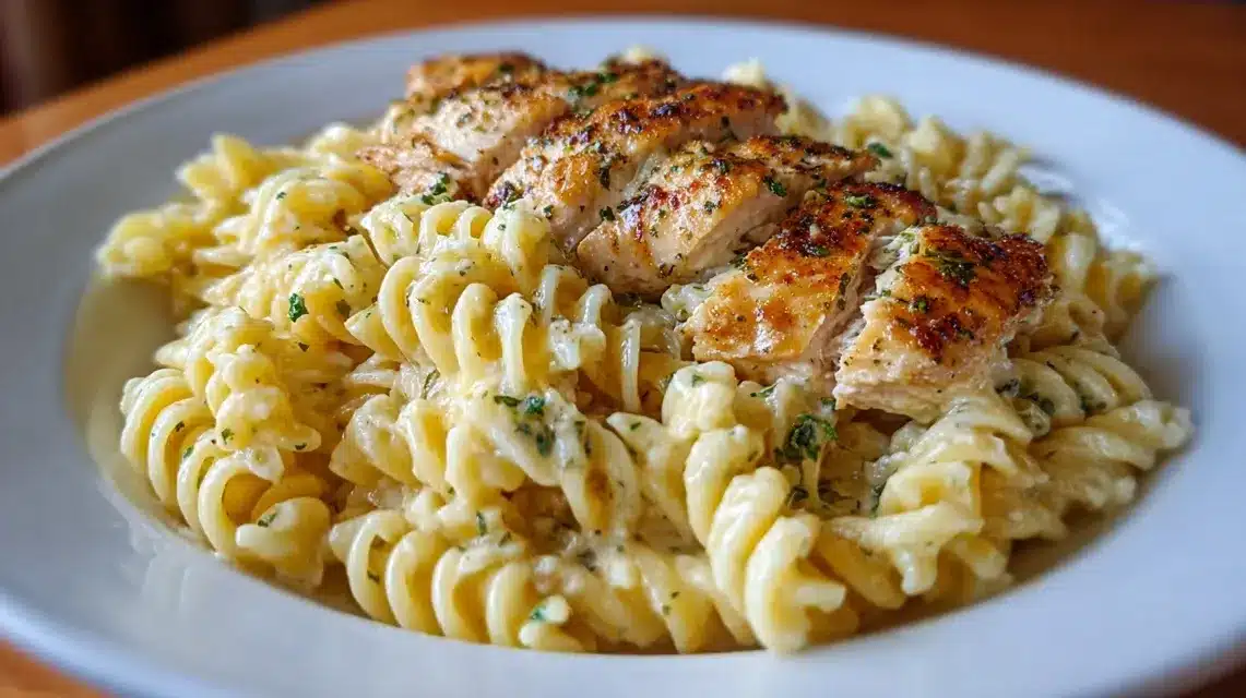 Garlic Parmesan Chicken Pasta served on a rustic plate