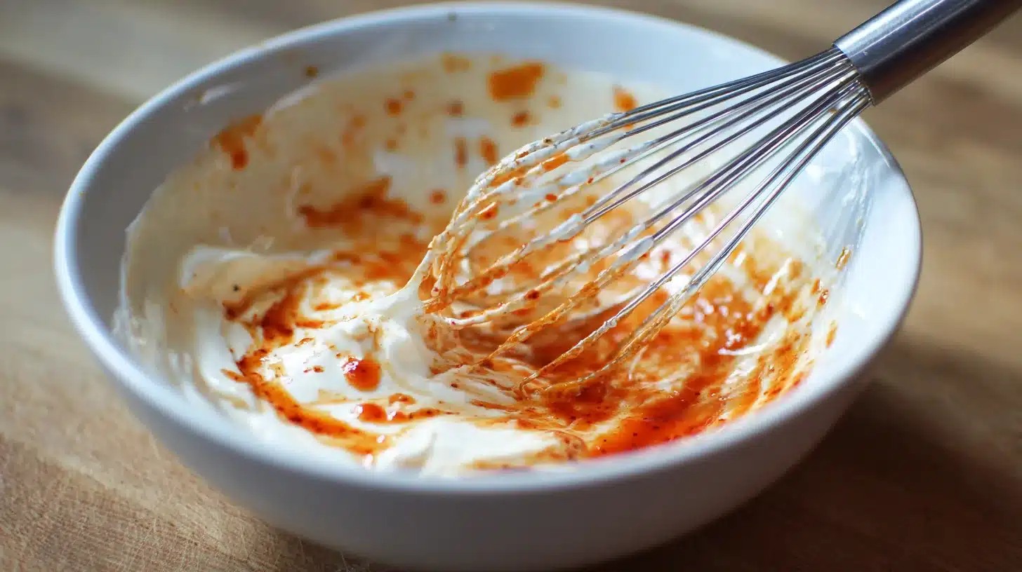 Whisking sweet and spicy Bang Bang sauce