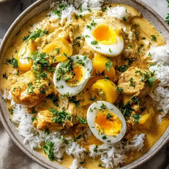 Peruvian chicken stew over rice with egg and parsley on marble background