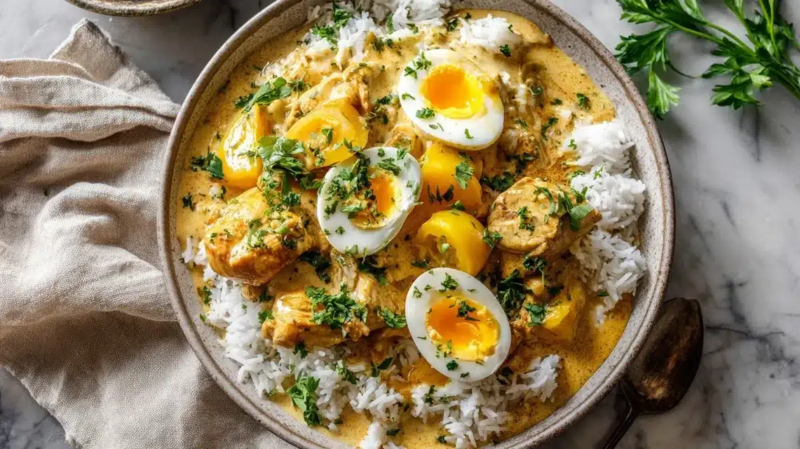 Peruvian chicken stew over rice with egg and parsley on marble background