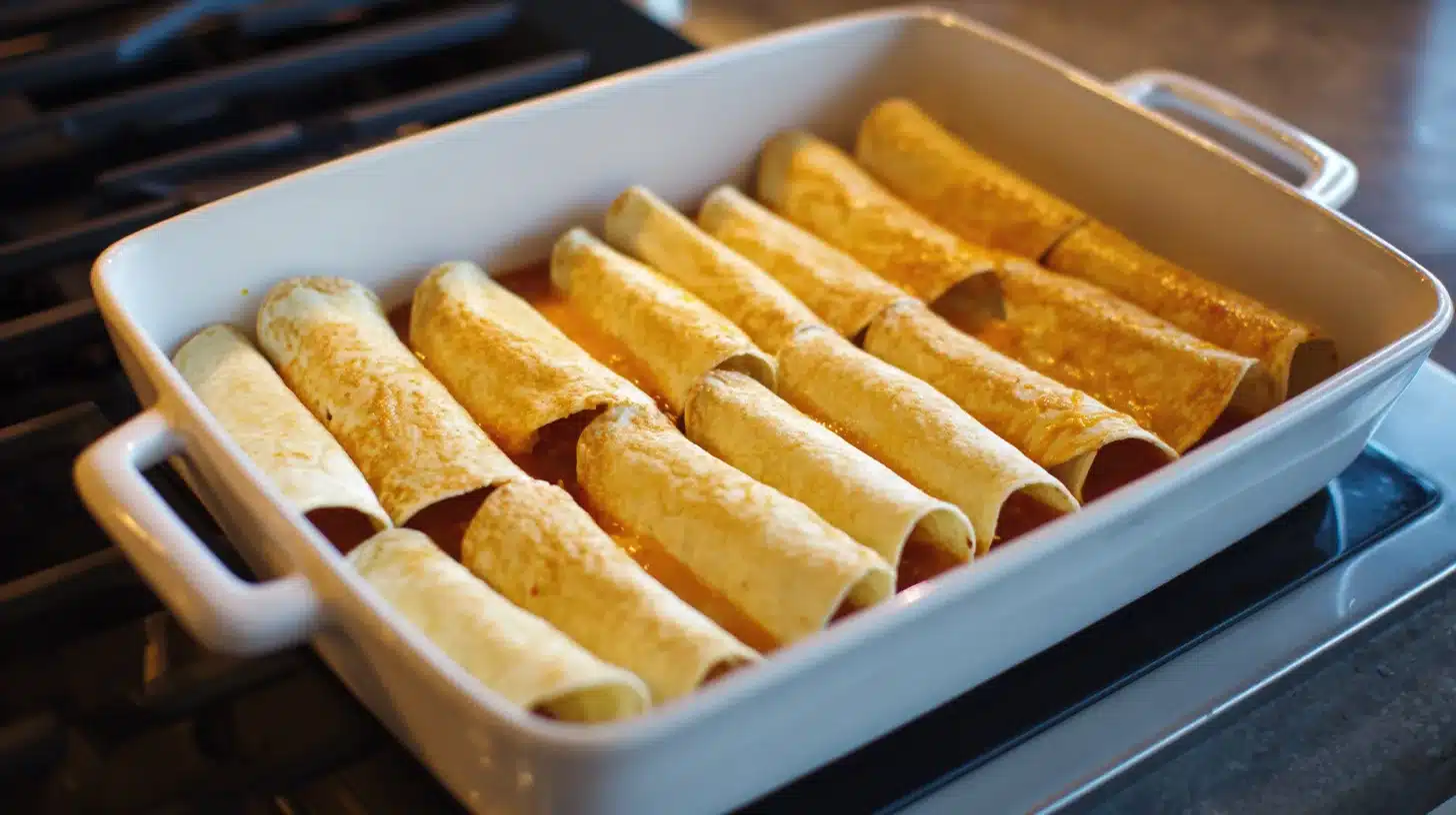 Rolling Street Corn Chicken Enchiladas into tortillas