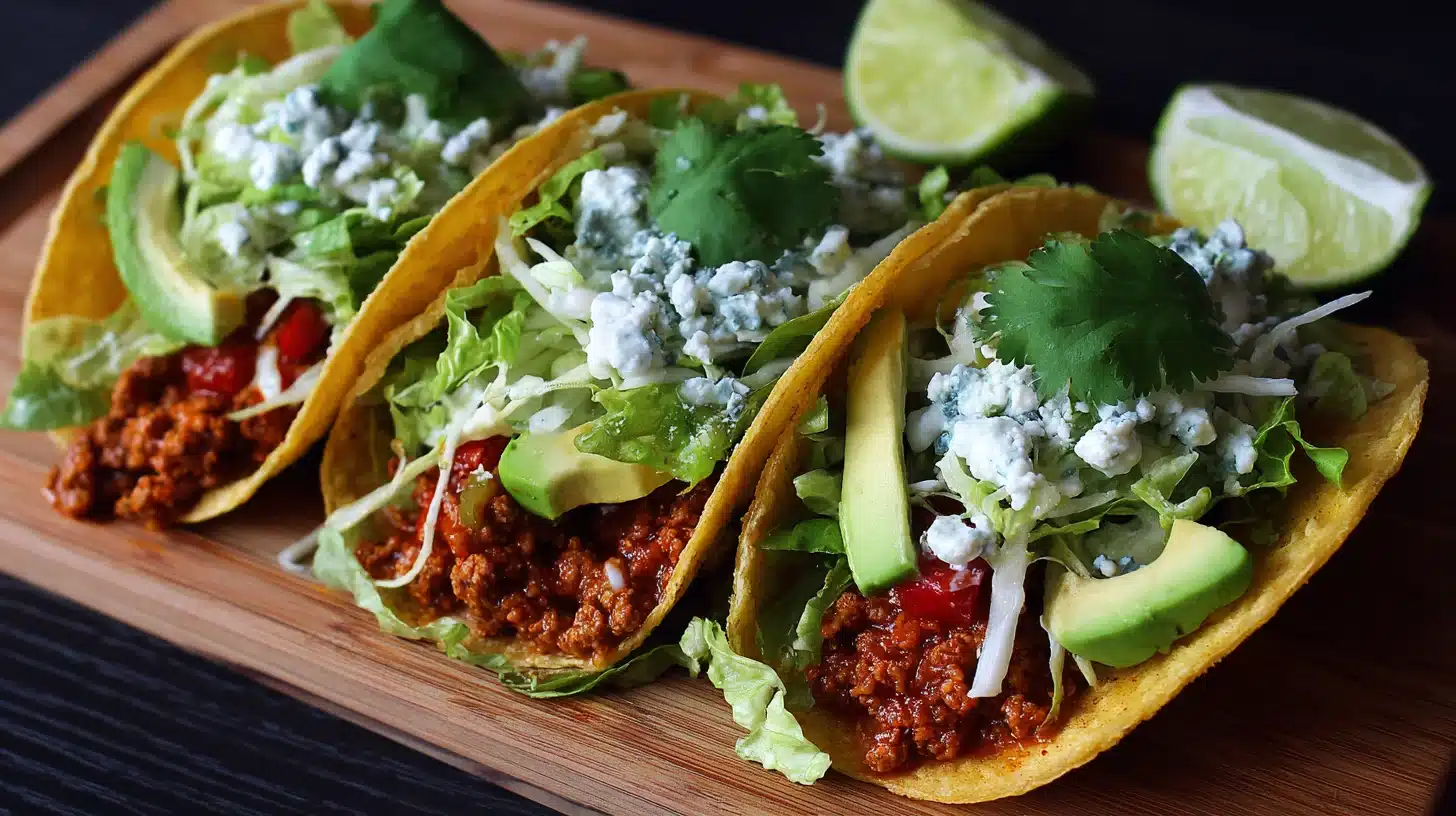 Chicken and rice tacos topped with avocado, lettuce, and yogurt
