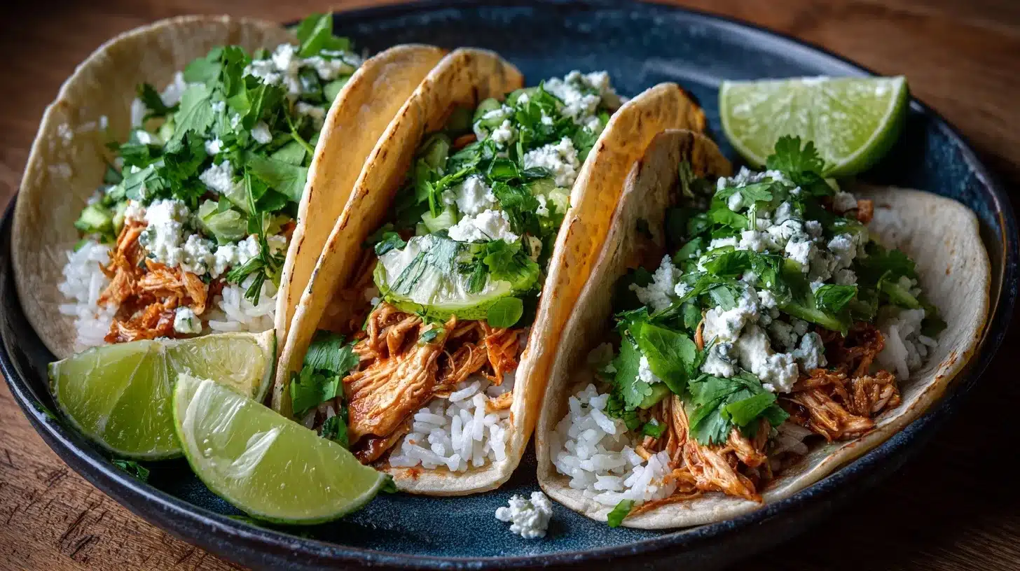 Chicken and rice tacos served on a rustic plate
