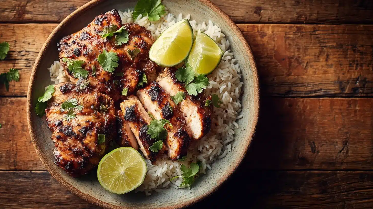 mexican style chicken thighs served on a rustic plate