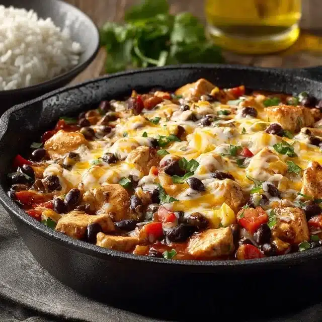 Cowboy chicken recipe in a skillet with corn, black beans, melted cheese, and smoky spices