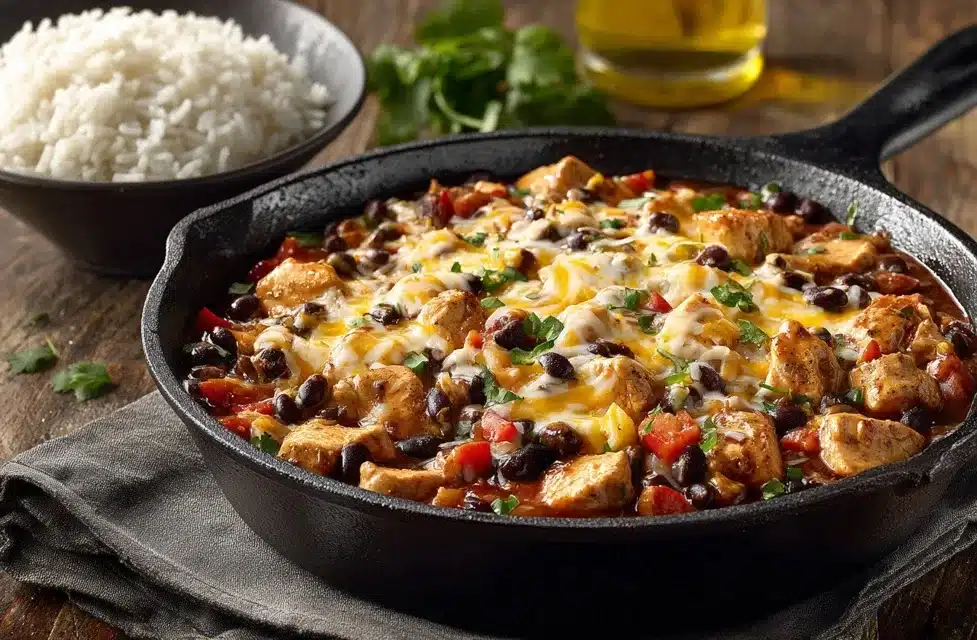 Cowboy chicken recipe in a skillet with corn, black beans, melted cheese, and smoky spices