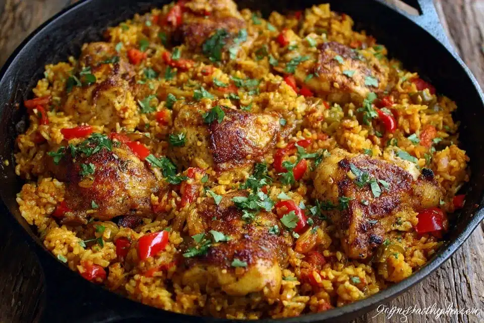 Cajun Chicken and Rice served on a rustic plate