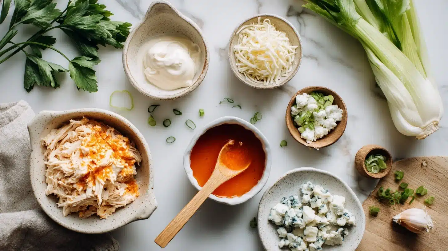  Ingredients for buffalo chicken dip healthy recipe on marble counter