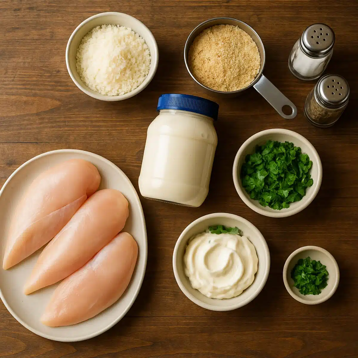 Parmesan crusted chicken recipe Hellmann's ingredients flat lay