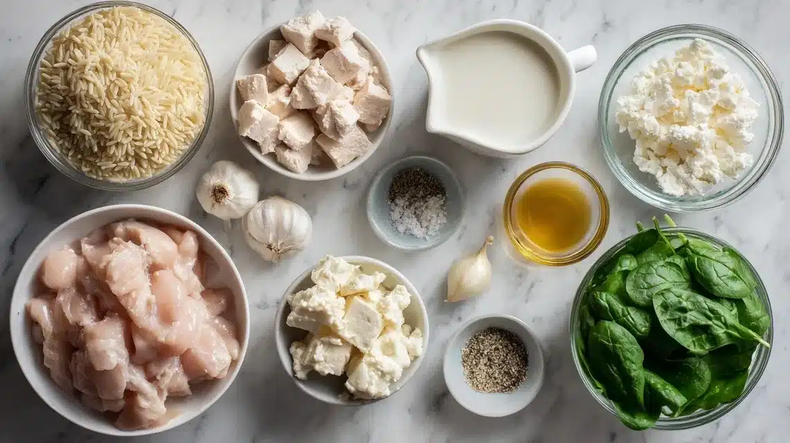 Ingredients for chicken alfredo orzo arranged on wood counter