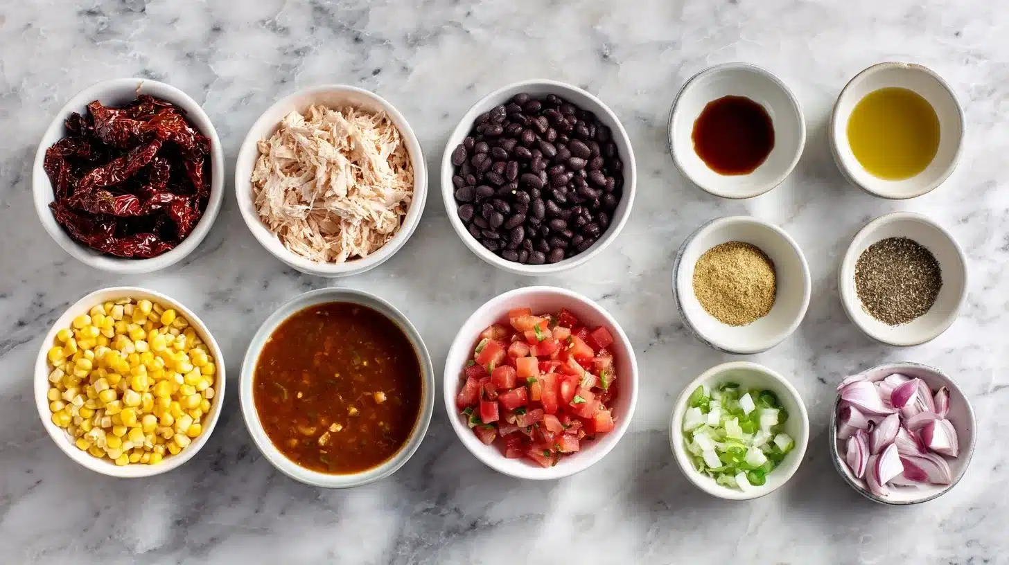  Ingredients for spicy chipotle chicken soup laid out on a kitchen counter