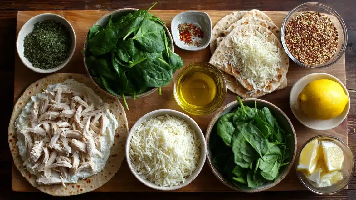  Ingredients for chicken florentine pizza arranged on counter