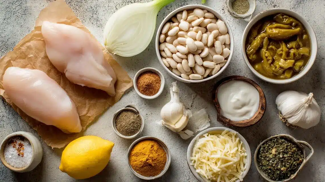  Ingredients for Crockpot Recipes: White Bean and Chicken Chili arranged on rustic surface