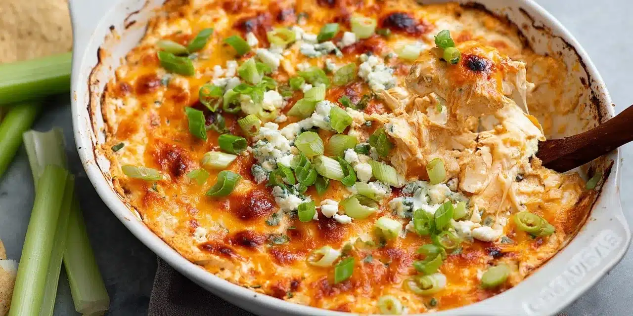 Healthy chicken wing dip recipe served hot with green onions and blue cheese crumbles