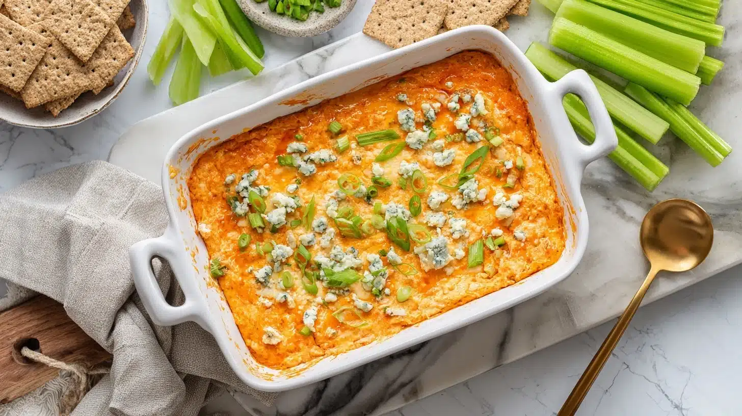 Buffalo chicken dip healthy recipe served with veggies and crackers