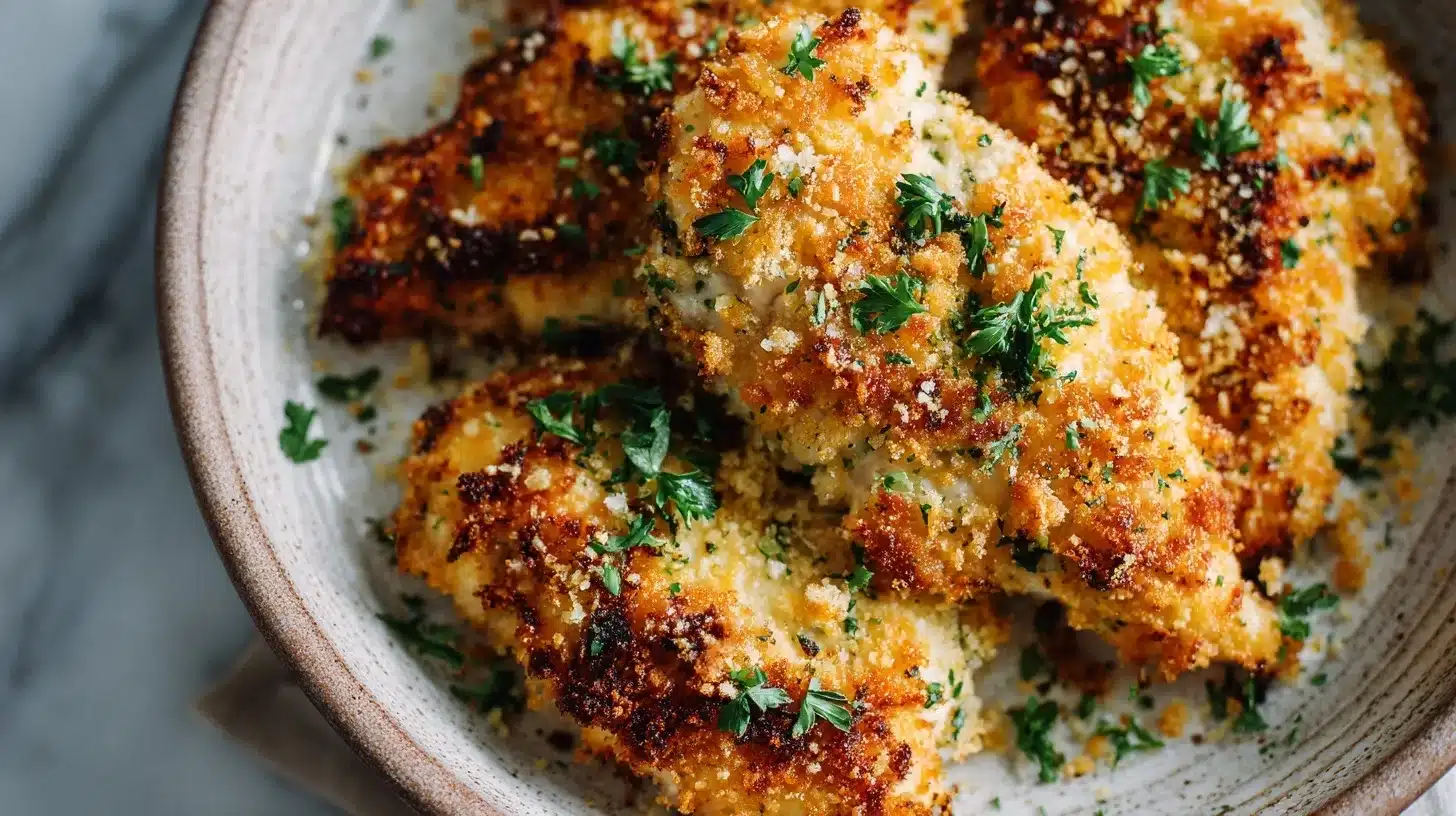 Mayo parmesan crusted chicken up close on a rustic plate