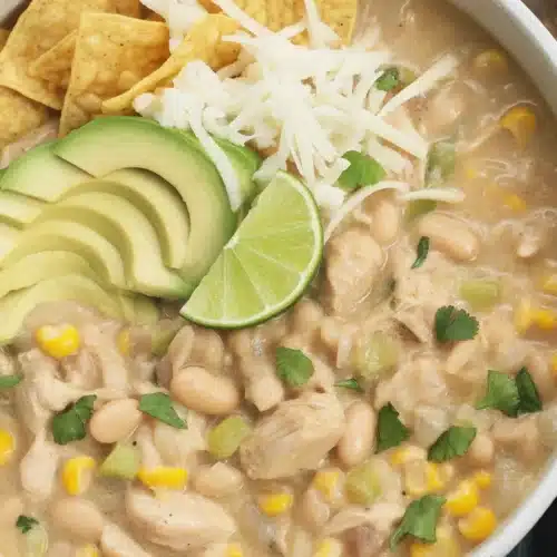 Bowl of creamy white chicken chili with chunks of chicken and white beans