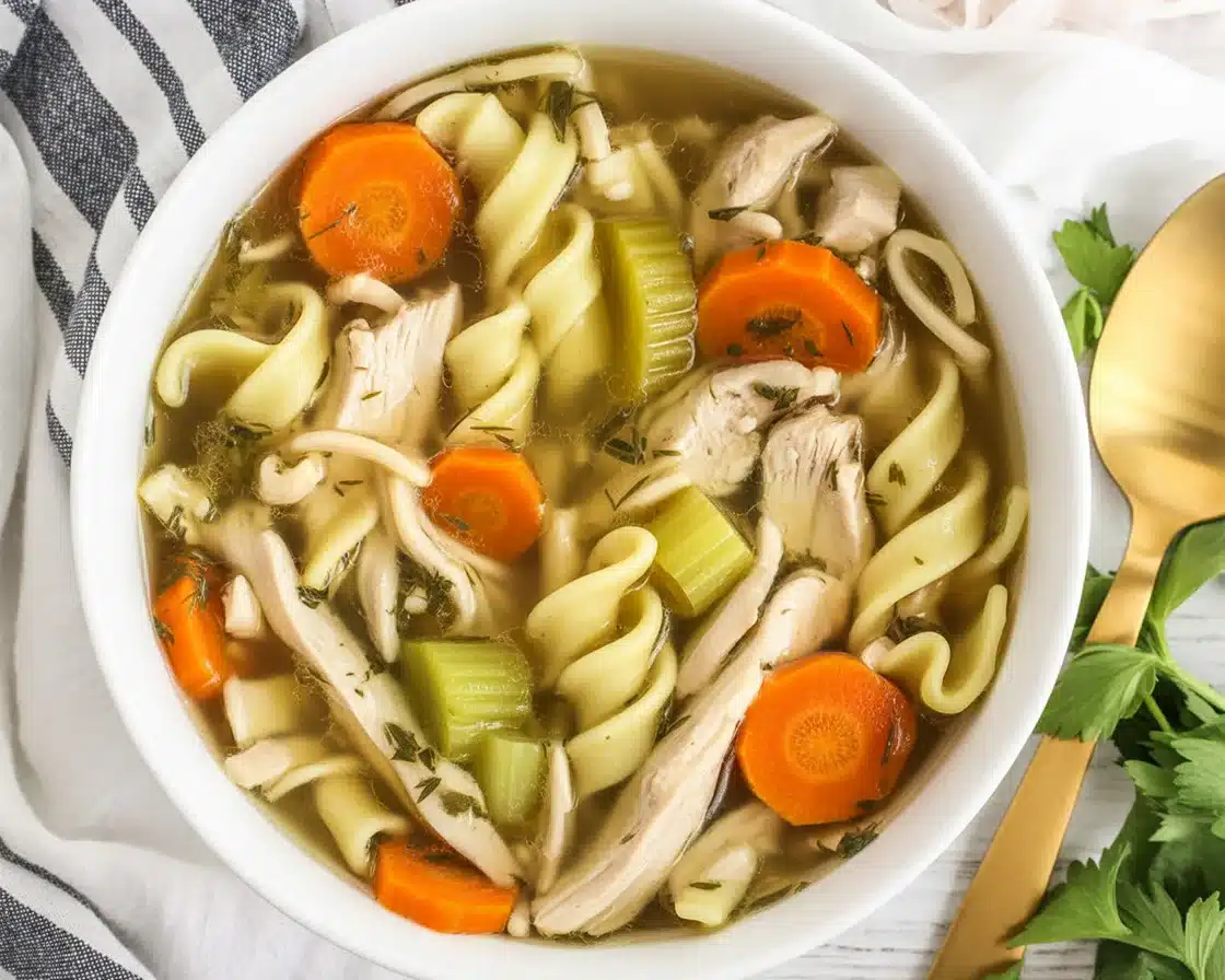 Bowl of homemade chicken noodle soup with chicken, carrots, and egg noodles
