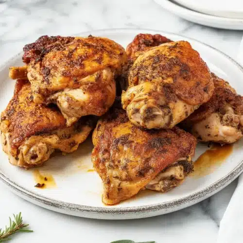 Honey garlic chicken thighs garnished with herbs, served in a cast iron skillet.
