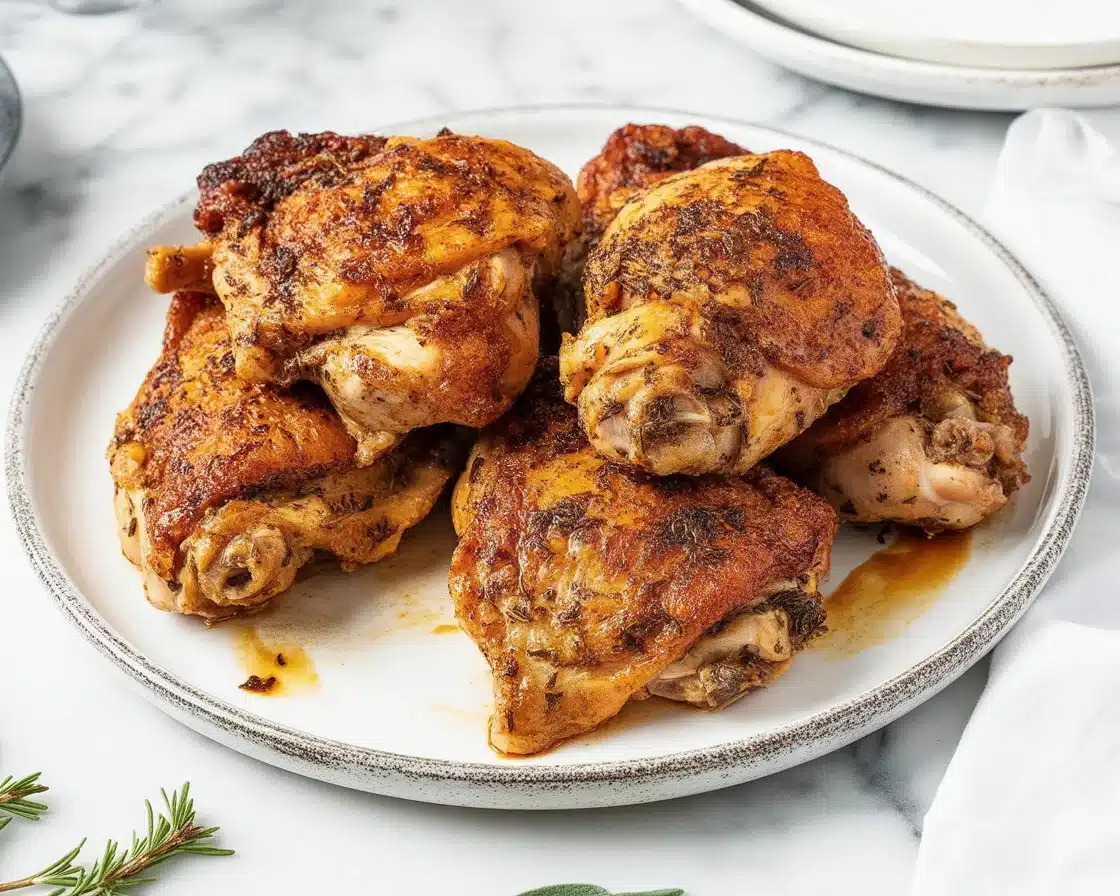 Honey garlic chicken thighs garnished with herbs, served in a cast iron skillet.