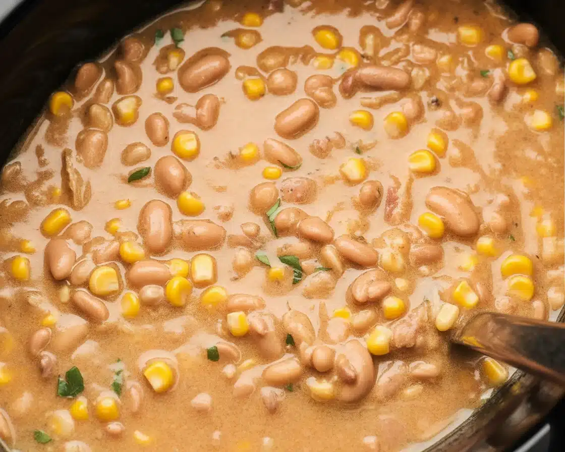 Bowl of creamy White Chicken Chili made in a Slow Cooker with chicken, beans, and spices.