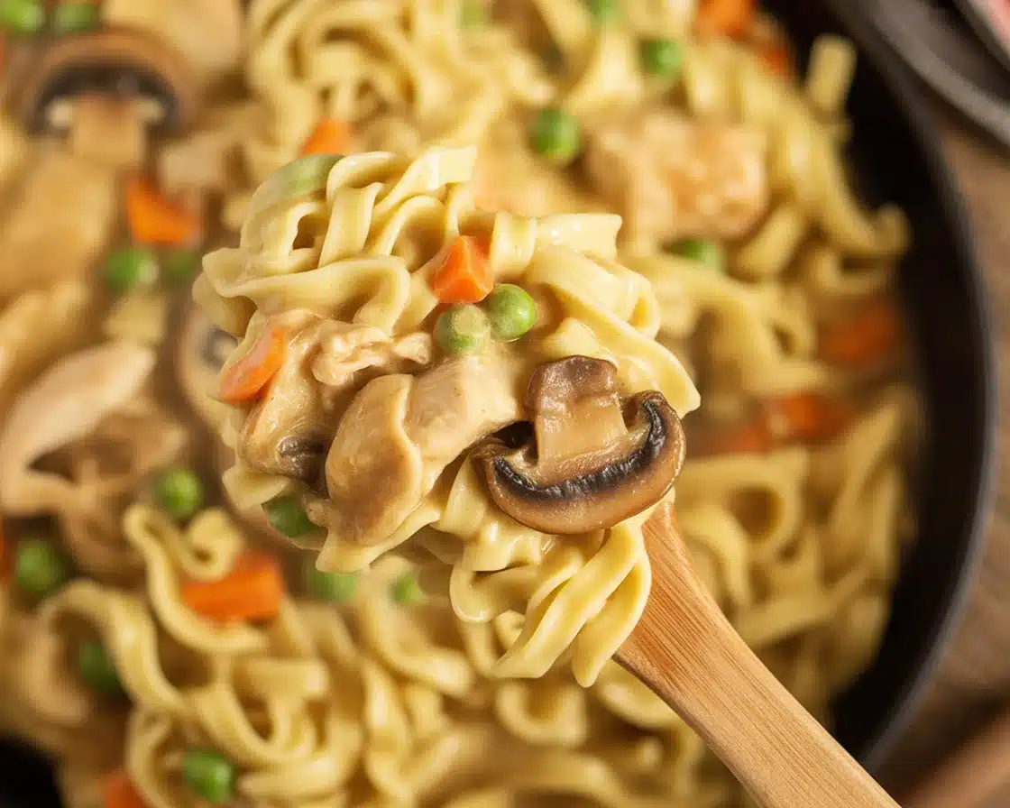 Creamy Chicken Pot Pie With Egg Noodles in a skillet dish, showcasing rich flavors.