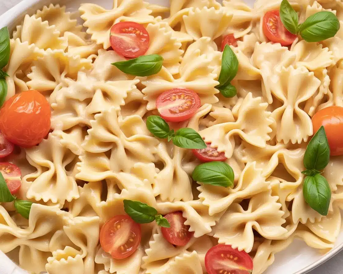 Creamy Boursin Pasta topped with cherry tomatoes and garlic, ready to serve.