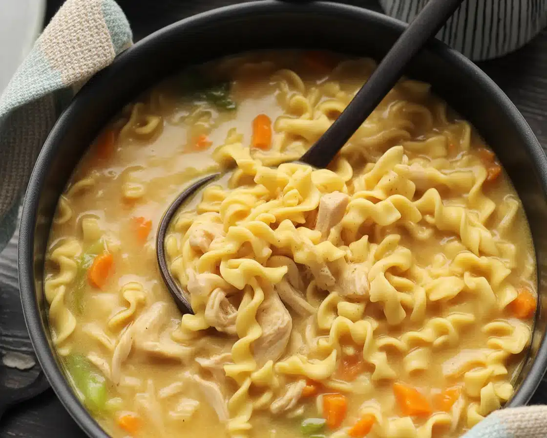 Creamy chicken noodle soup with chicken, egg noodles, and mixed vegetables in a bowl.