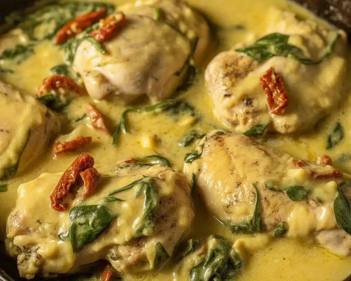 Delicious baked boneless chicken thighs served on a plate with herbs.