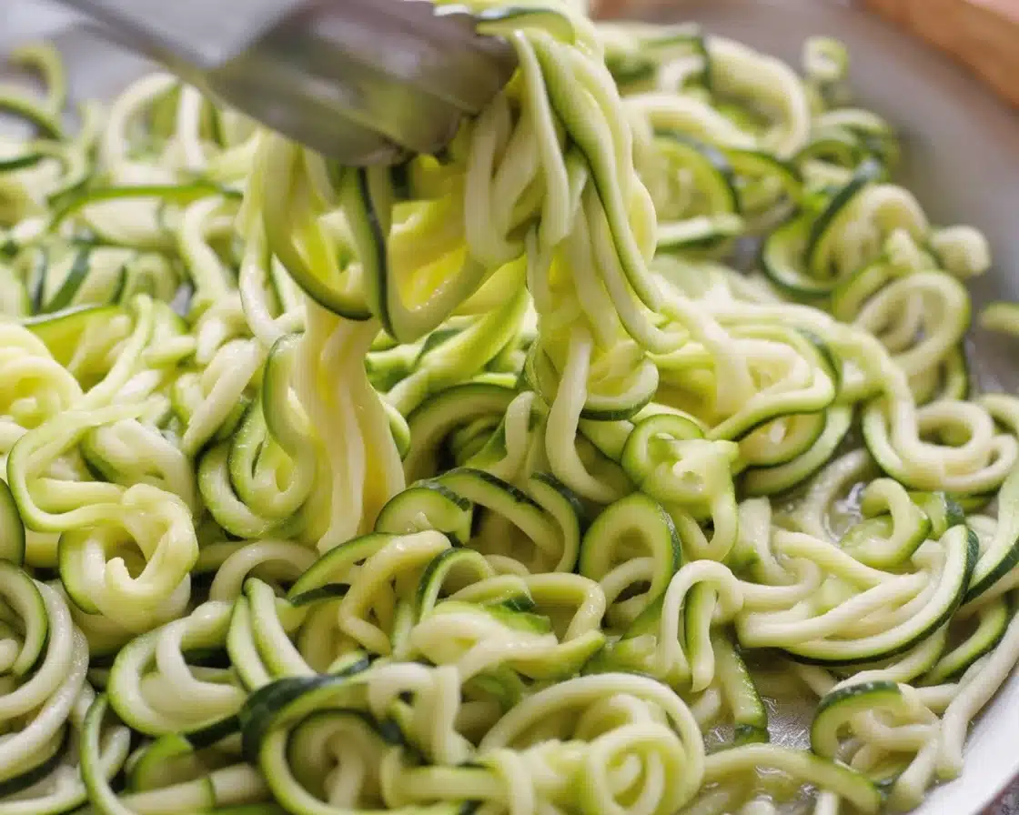 Delicious zucchini noodles topped with garlic, basil, and parmesan in a skillet.