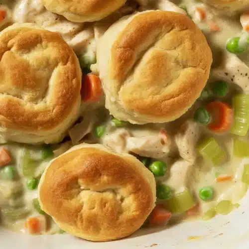 Delicious Chicken Potpie Casserole topped with golden biscuits and filled with chicken and vegetables