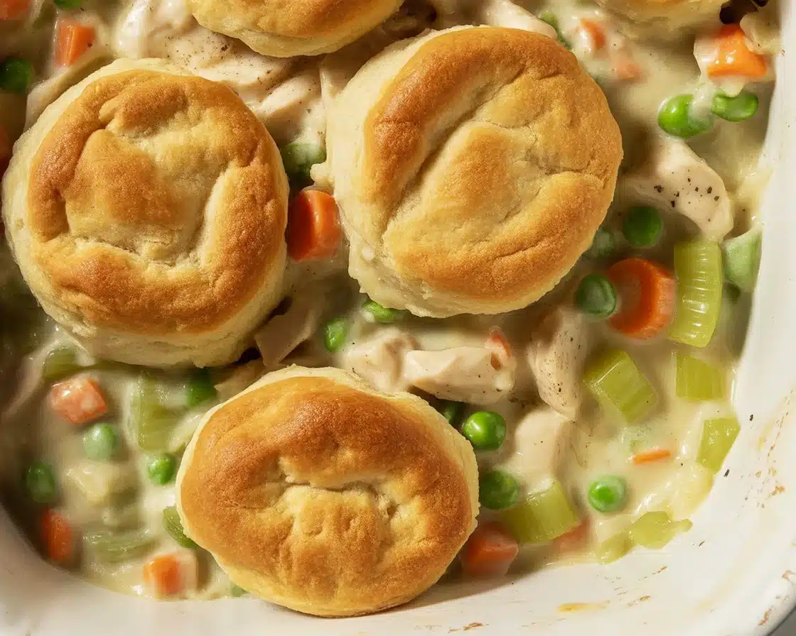 Delicious Chicken Potpie Casserole topped with golden biscuits and filled with chicken and vegetables