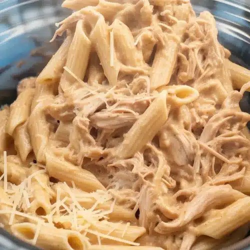Creamy Marry Me Chicken Pasta made in a crockpot with garlic and sun-dried tomatoes.