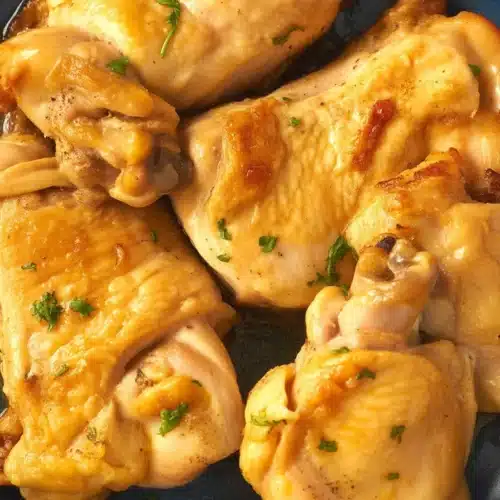 Crispy and juicy baked bone-in chicken thighs fresh from the oven.