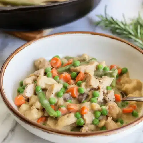 One Pot Chicken Pot Pie with chicken, vegetables, and creamy sauce in a skillet.
