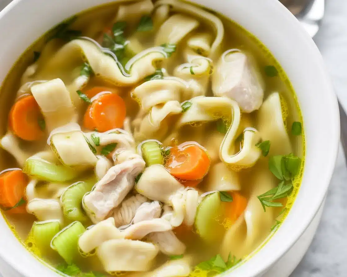 Delicious homemade Chicken Noodle Soup with chicken, veggies, and flavorful broth.