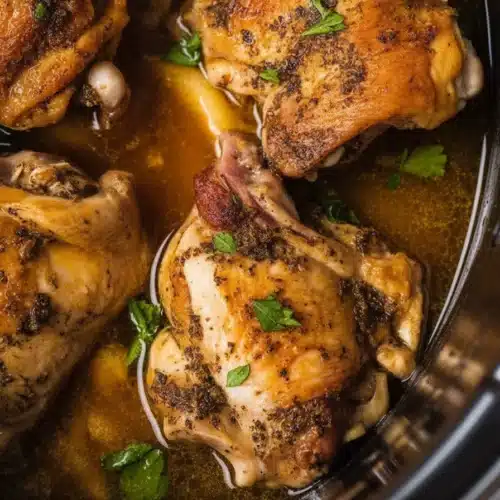 Tender bone-in chicken thighs cooked in a crockpot with garlic and herbs.