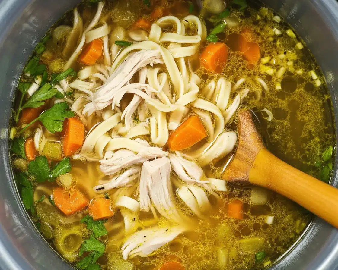 Bowl of Instant Pot Chicken Noodle Soup with chicken, carrots, and noodles in broth.