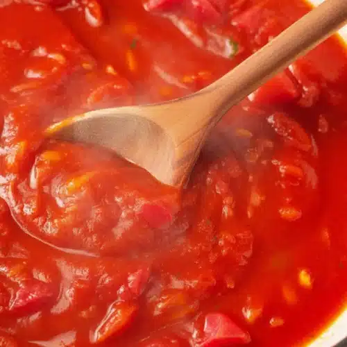 Delicious fresh pasta sauce made from homemade recipe with tomatoes and herbs.