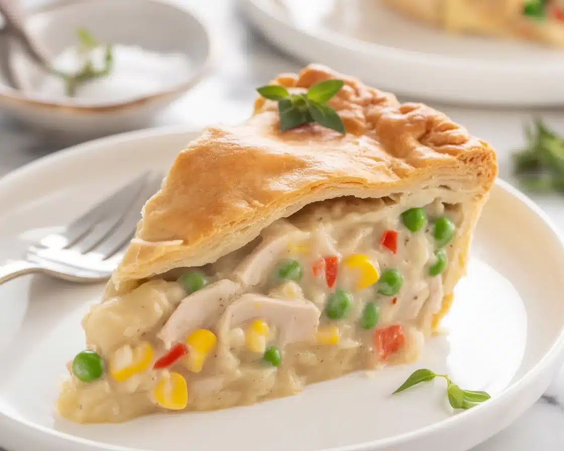 Delicious Chicken Potpie with flaky crust and creamy chicken vegetable filling.