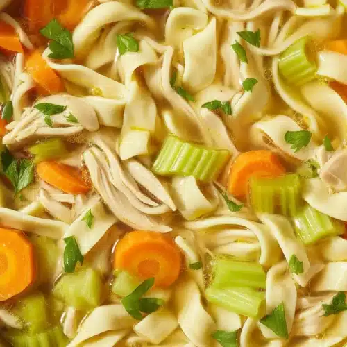 A bowl of steaming homemade chicken noodle soup with vegetables and herbs.