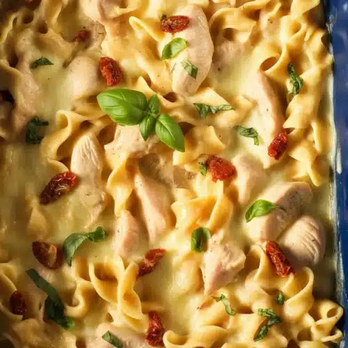 Creamy Marry Me Chicken Casserole with sun-dried tomatoes and pasta