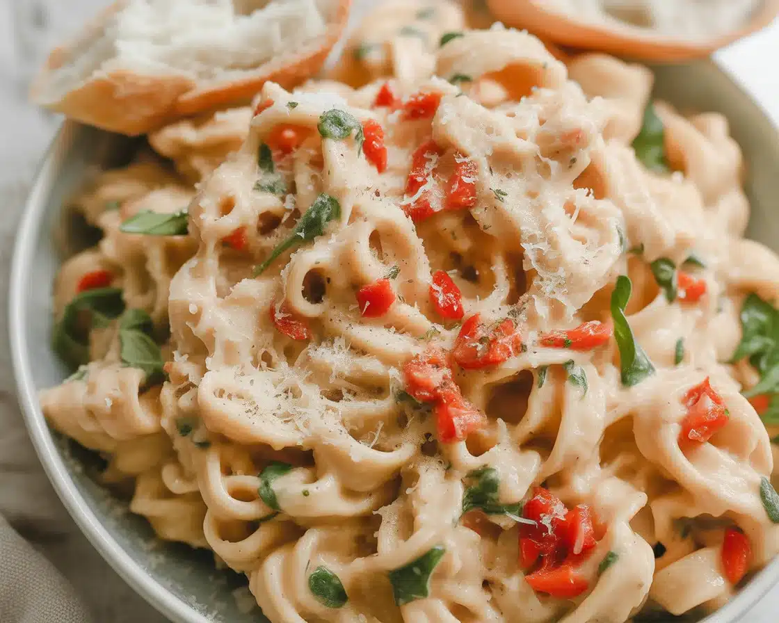 Delicious creamy Boursin Tomato Pasta served in a bowl with fresh tomatoes and herbs