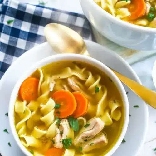 Bowl of hearty Chicken Noodle Soup With Rotisserie Chicken and fresh vegetables.